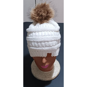 White Beanie with puff ball